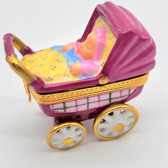 Authentic Limoges Hand Painted Porcelain Baby Girl in Stroller Trinket Box - Picture 2 of 9